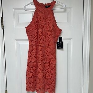 Lulu's Coral Lace Halter Mini Dress